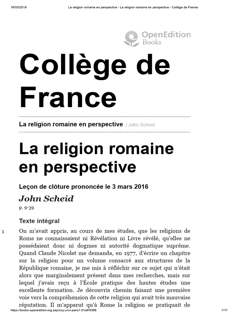 La Religion Romaine en Perspective - Collège de France | PDF | Dieu ...