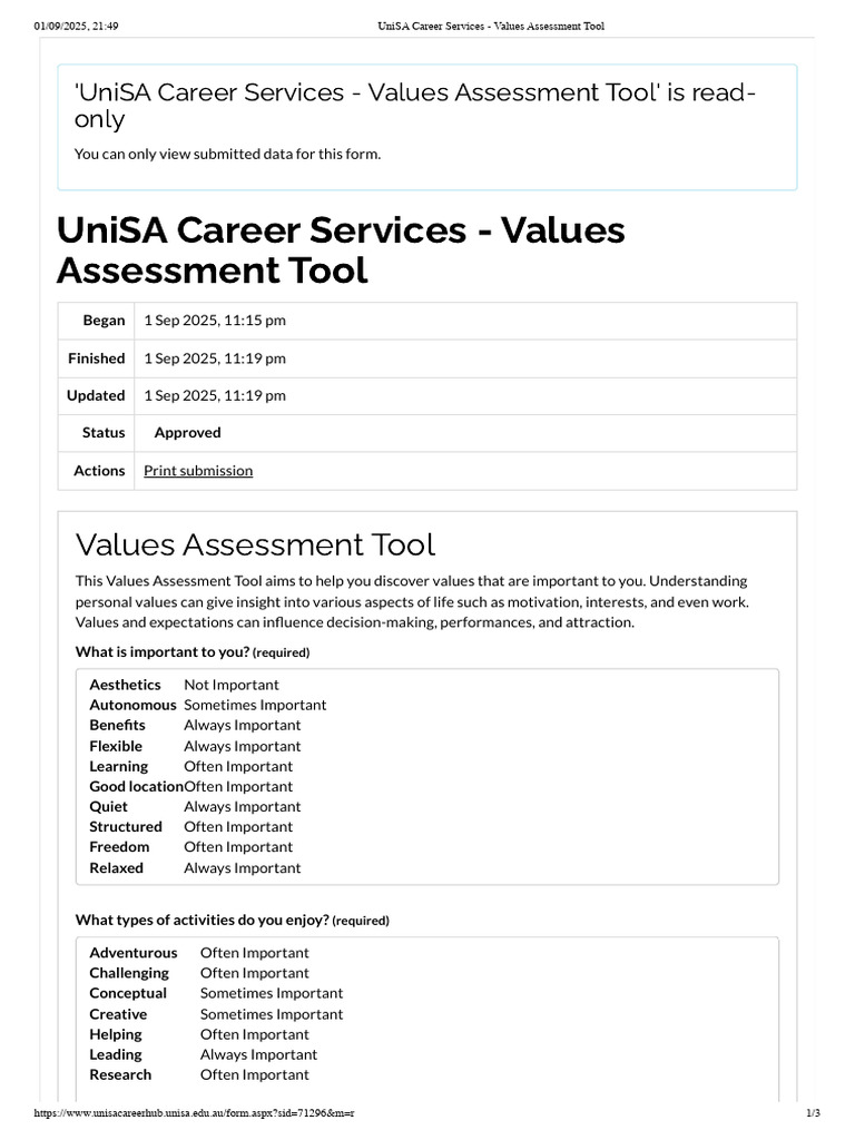 UniSA Career Services - Values Assessment Tool | PDF | Value (Ethics ...