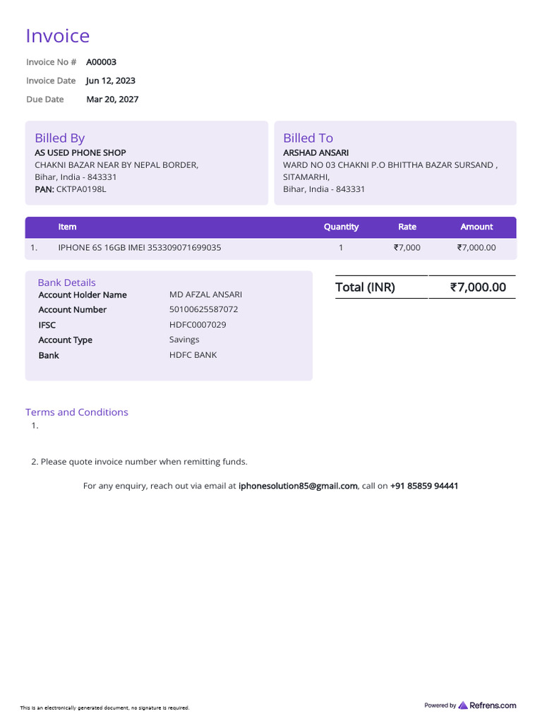 Invoice A00003 As Used Phone Shop Arshad Ansari | PDF