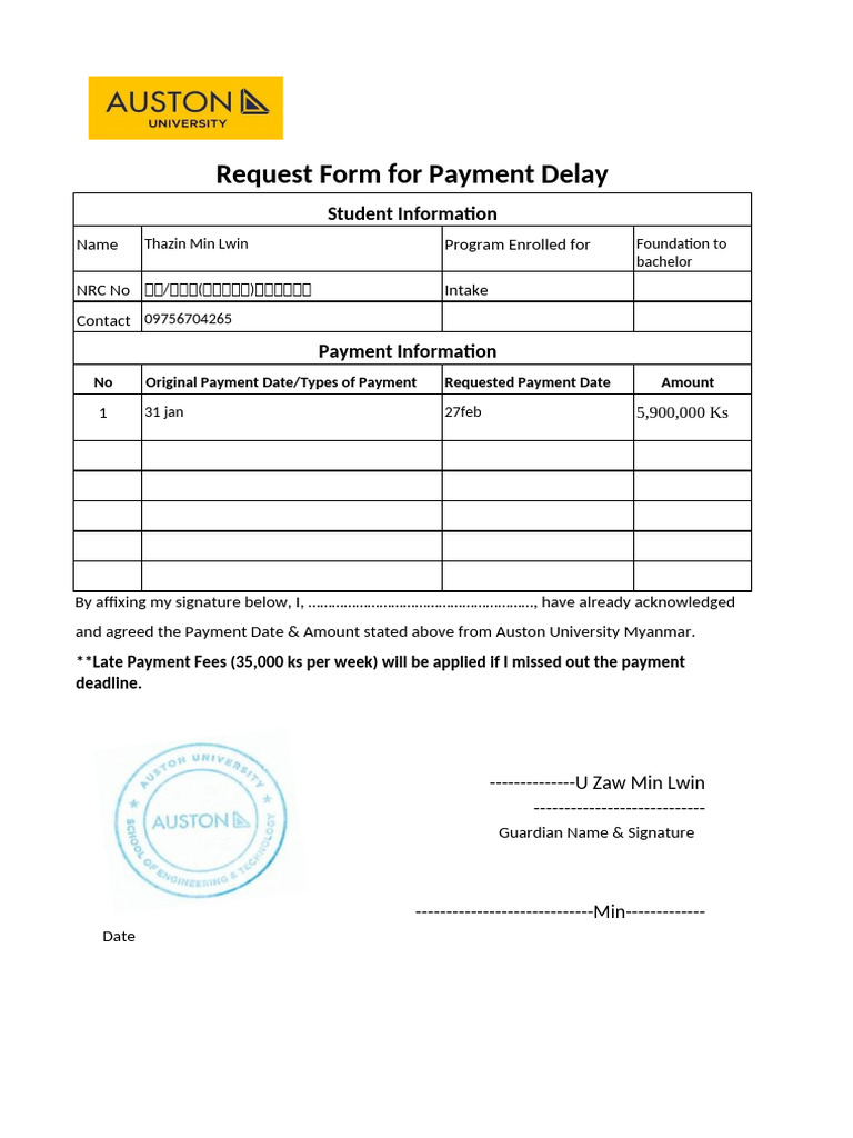 Request For Payment Delay Form (TZML) | PDF