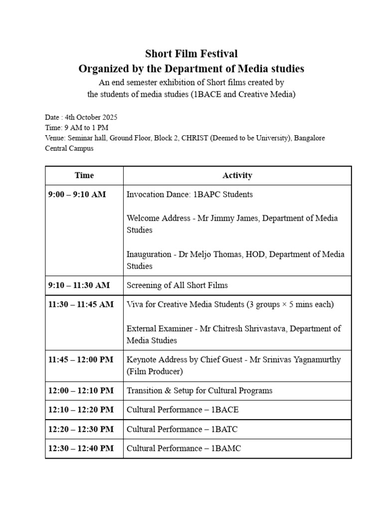 Schedule For The Short Film Festival | PDF