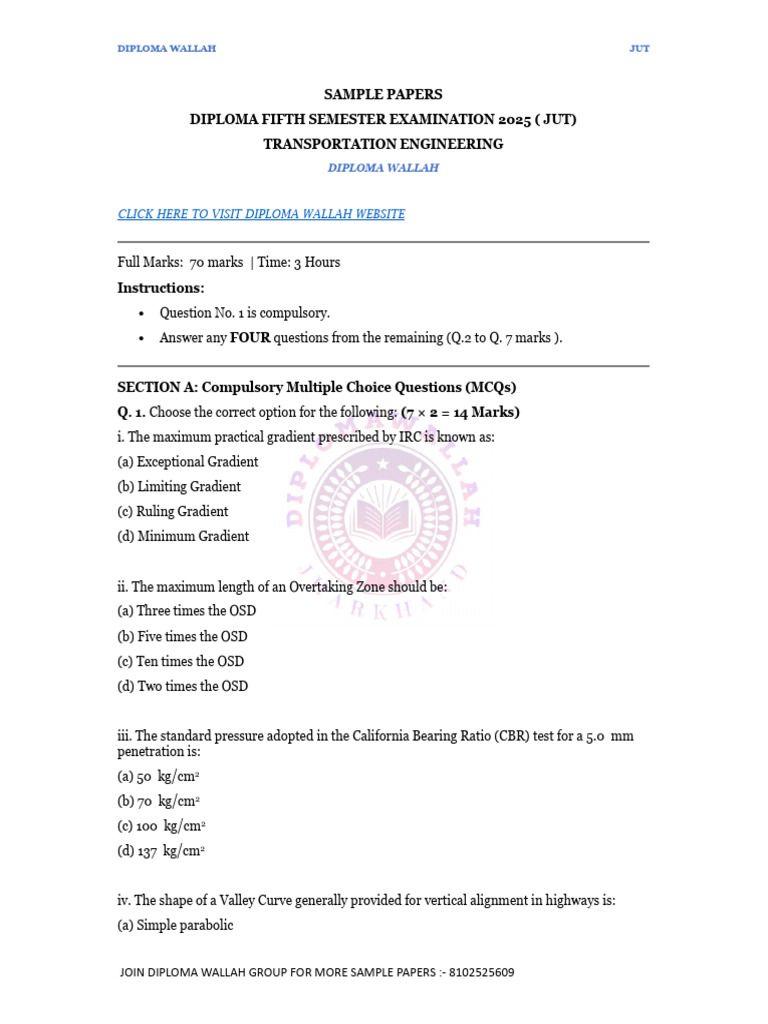 Transportation Engg - Sample Paper 2 by Diplomawallah | PDF | Road ...