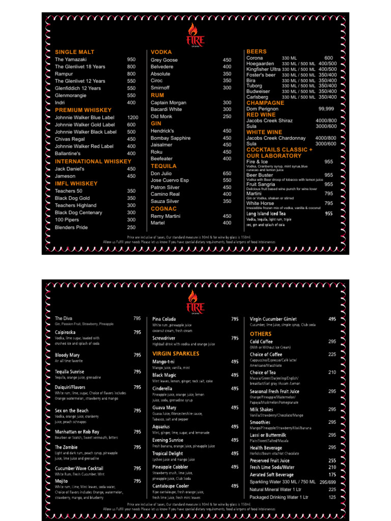 Fire Lounge Bar Menu2026 | PDF | Alcoholic Beverages | Distilled Drinks