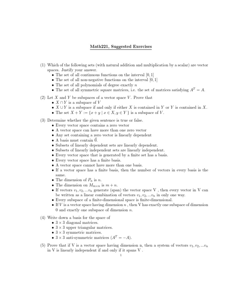 2 2 SuggestedExercises Vectorspaces | PDF | Vector Space | Basis ...