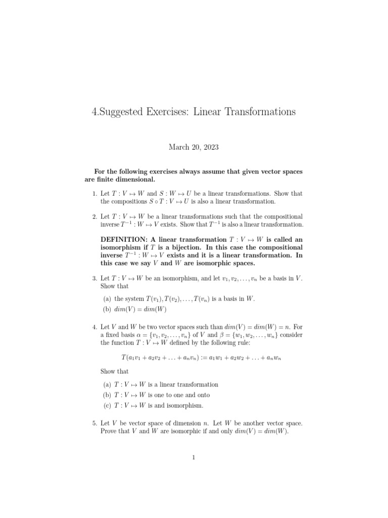 4 2 SuggestedExercises Lineartransformations | PDF | Linear Map | Basis ...