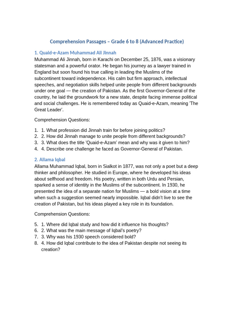 Advanced Comprehension Passages Grade6 8 | PDF