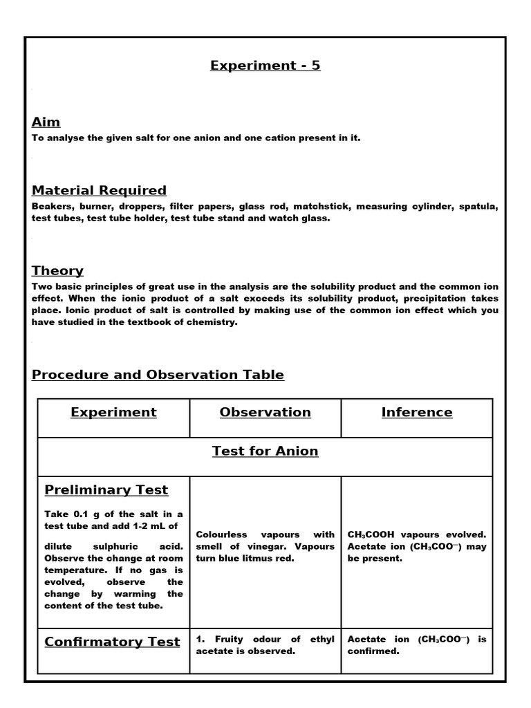 Experiment - 5 Salt Analysis | PDF | Salt (Chemistry) | Precipitation ...