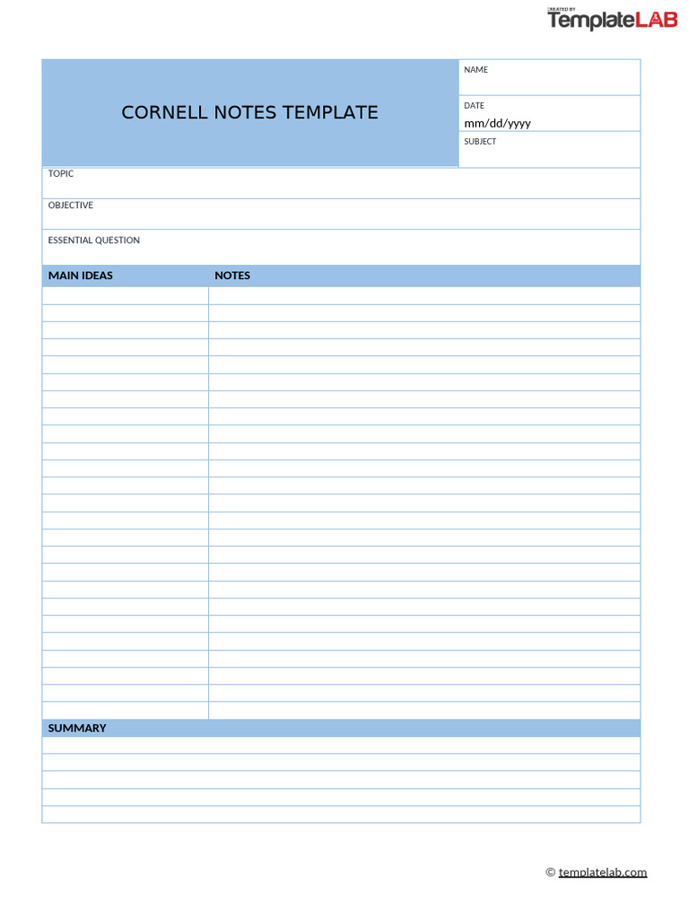 Cornell Notes Template 3 - TemplateLab | PDF