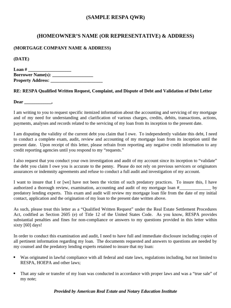 ARENEI RESPA QWR Sample Letter | PDF | Loans | Mortgages