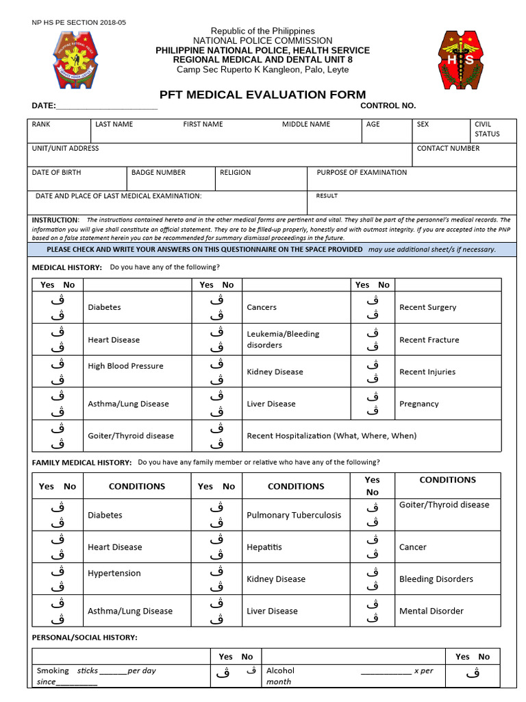 PFT MEDICAL EVALUATION FORM - Print | PDF | Body Mass Index | Obesity