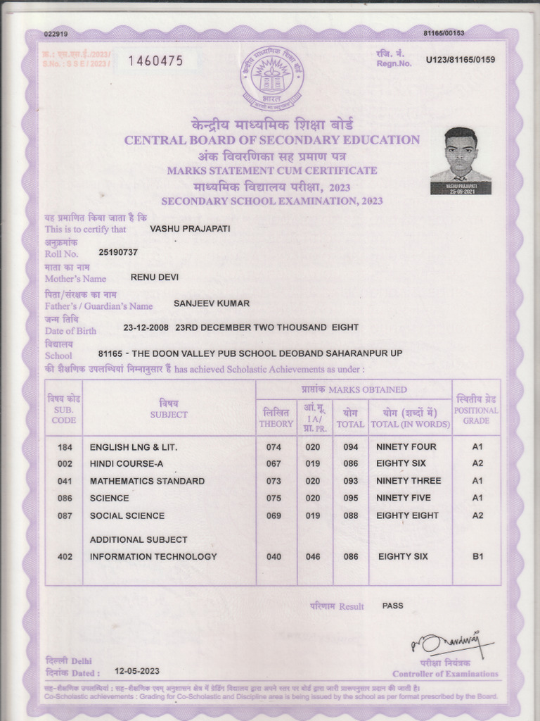 Vashu Highschool Marksheet | PDF