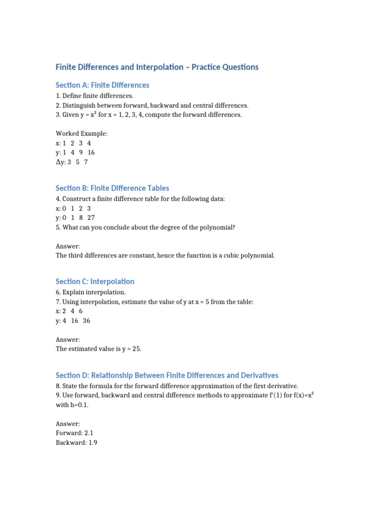 Finite Differences and Interpolation Practice Questions | PDF