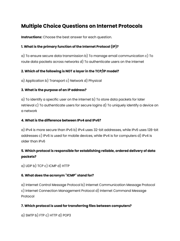 Class 6 Class MCQ On Internet Protocols | PDF | Internet Protocol Suite ...