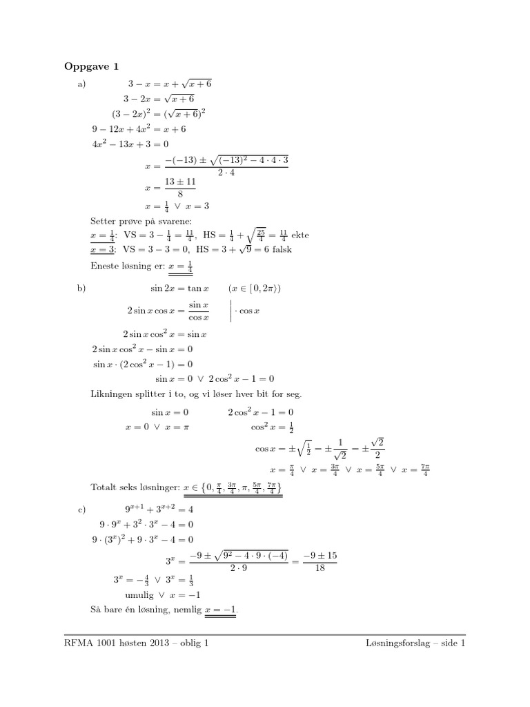 Matematikk 1 Oblig1fasit | PDF