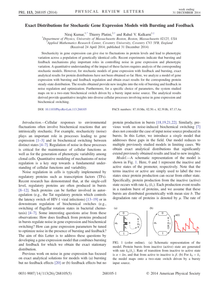 PhysRevLett 113 268105 | PDF | Feedback | Regulation Of Gene Expression
