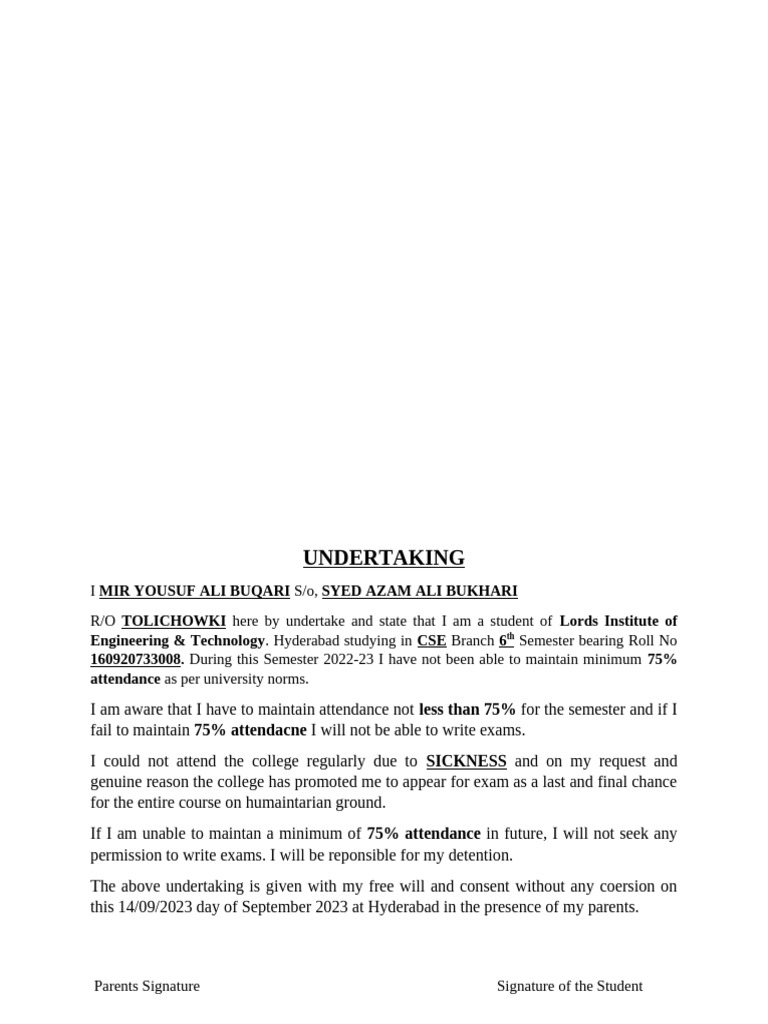 Undertaking Form Lords College Attendance | PDF