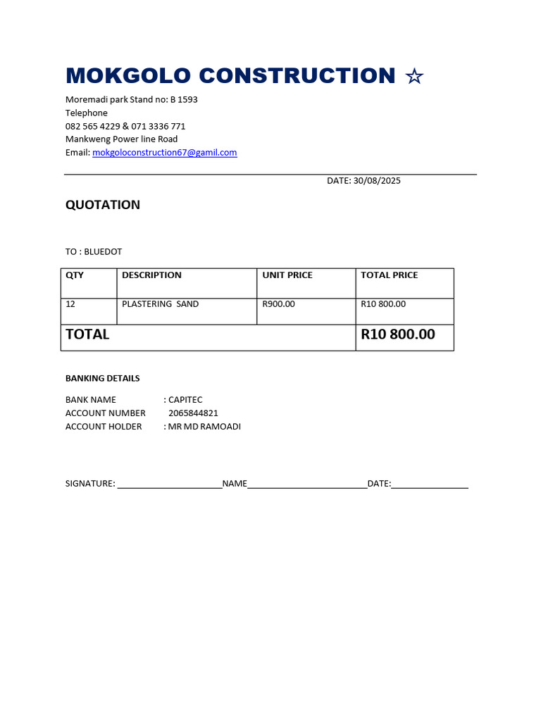 Mokgolo Construction Quote | PDF
