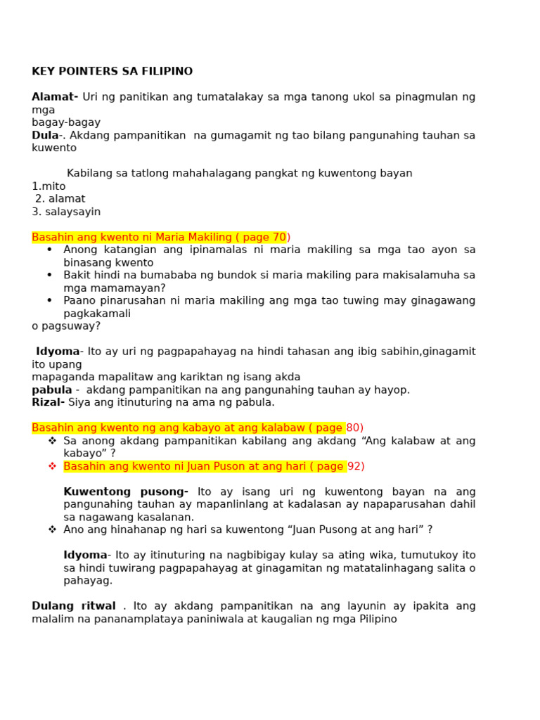 Key Pointers Sa Filipino 1 | PDF