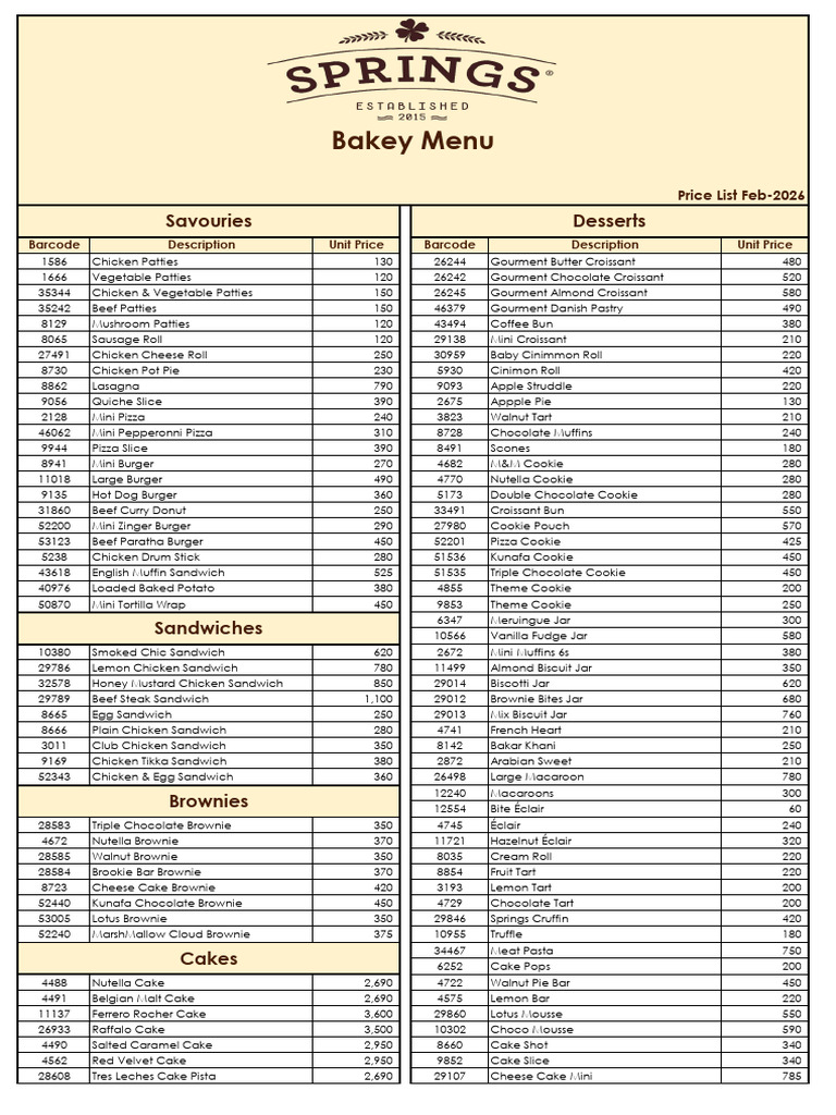 Springs Bakey Updated Menu Feb-26 | PDF | Doughnut | Hamburgers