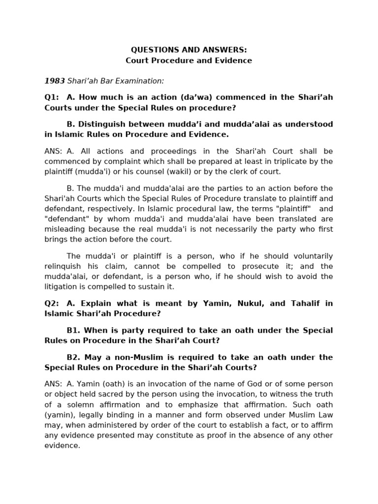 QA in Court Procedure and Evidence | PDF | Lawsuit | Sharia