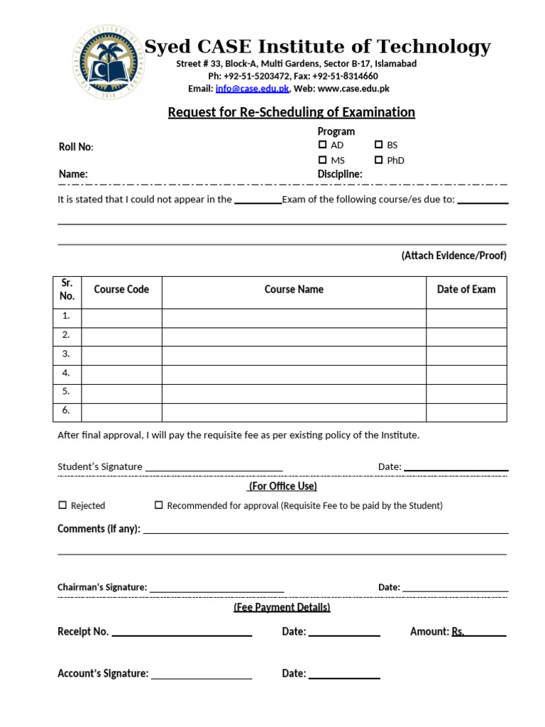 Re Scheduling Examination Request Form | PDF