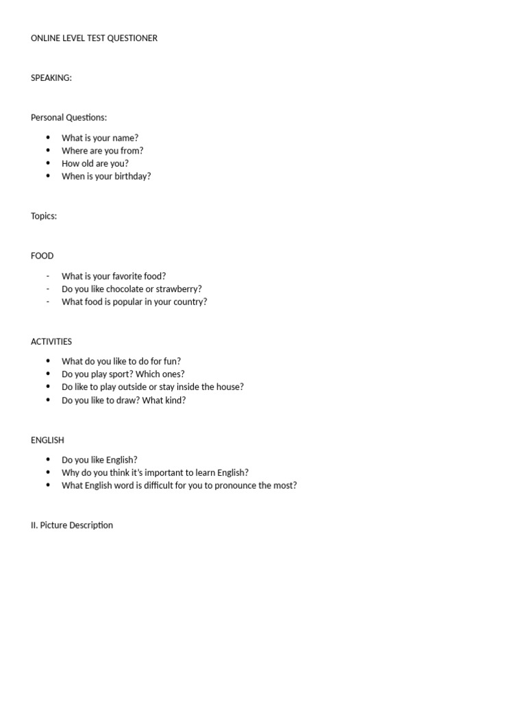 Online Level Test Questioner Kids | PDF