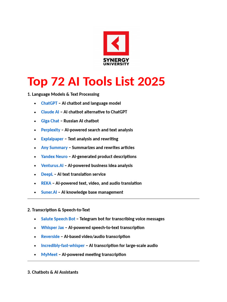 Top 72 AI Tools List 2025 | PDF | Artificial Intelligence ...