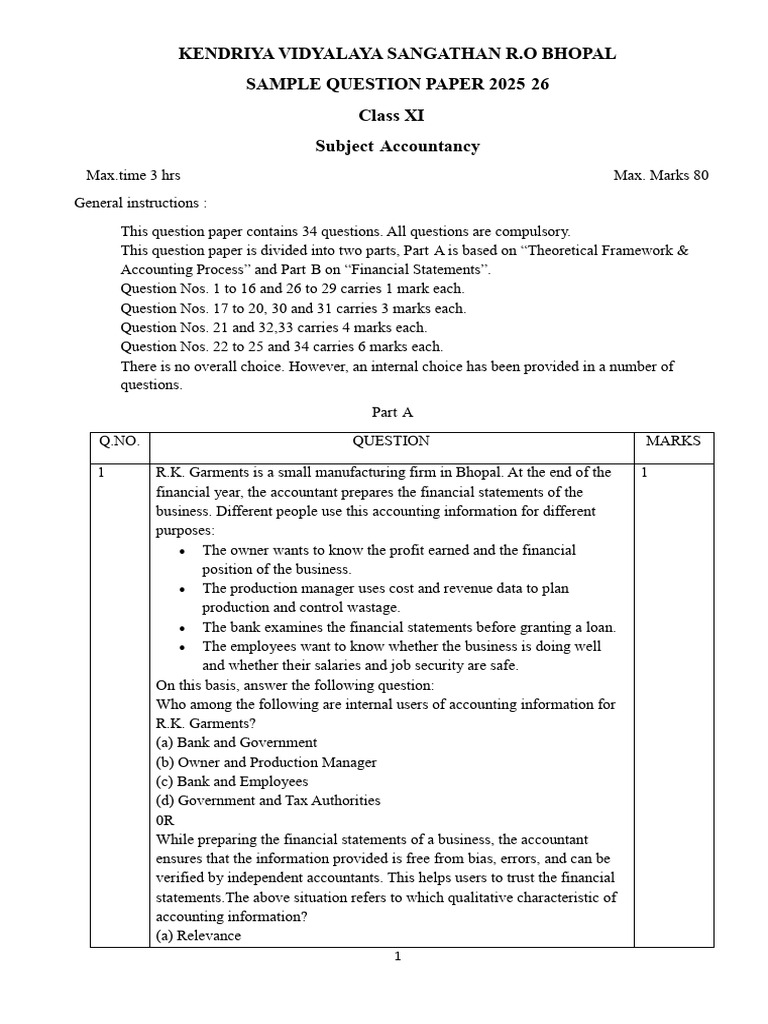 Class XI Accountancy Sample Paper 2025-26 | PDF | Debits And Credits ...