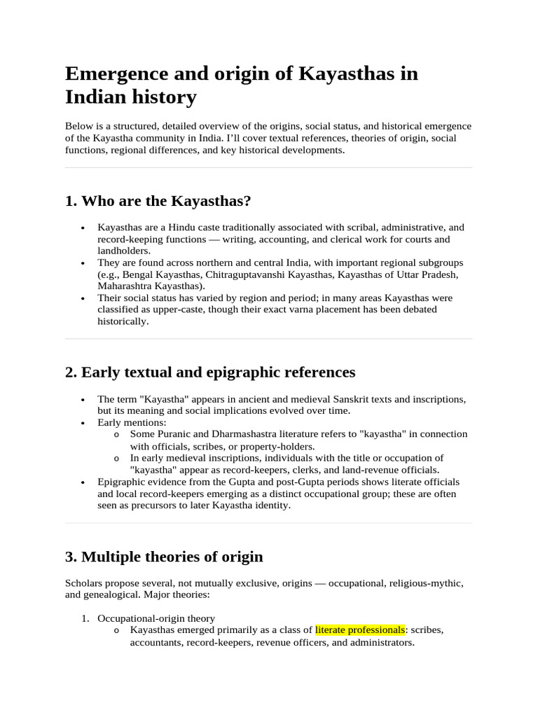 Emergence and Origin of Kayasthas in Indian History | PDF