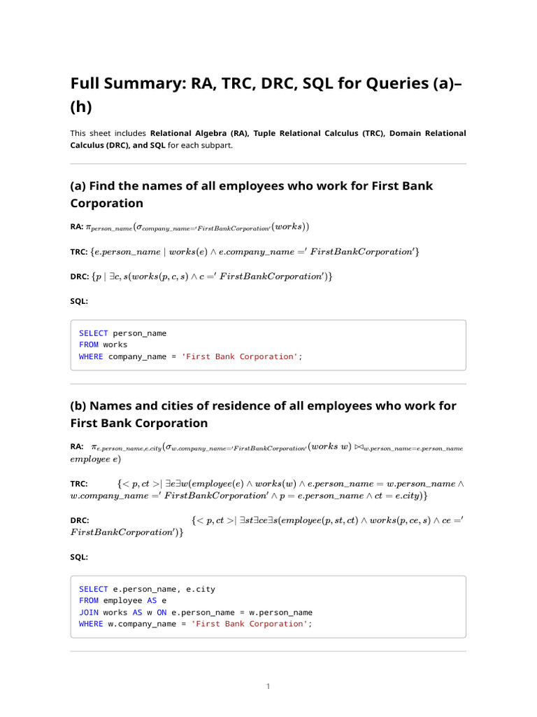 Ra, TRC, DRC, SQL - Employee Queries (A-H) | PDF | Relational Model ...