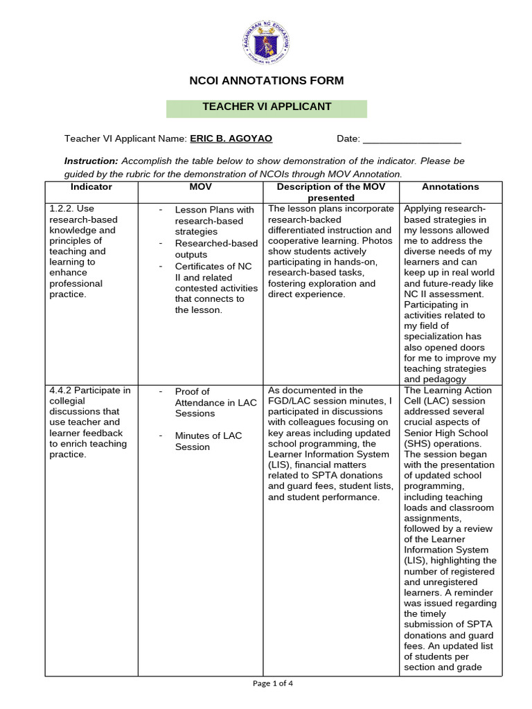 Ncoi Annotations Form For Teacher Vi Applicant Sample | PDF | Learning ...
