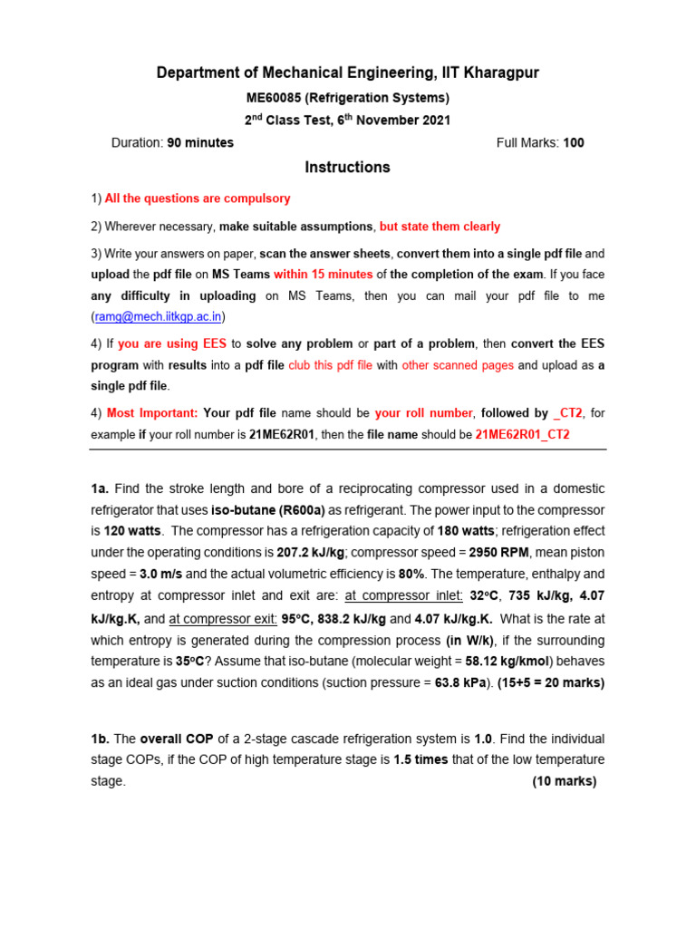 2nd Class Test - 6th Nov - 2021 | PDF | Temperature | Refrigeration