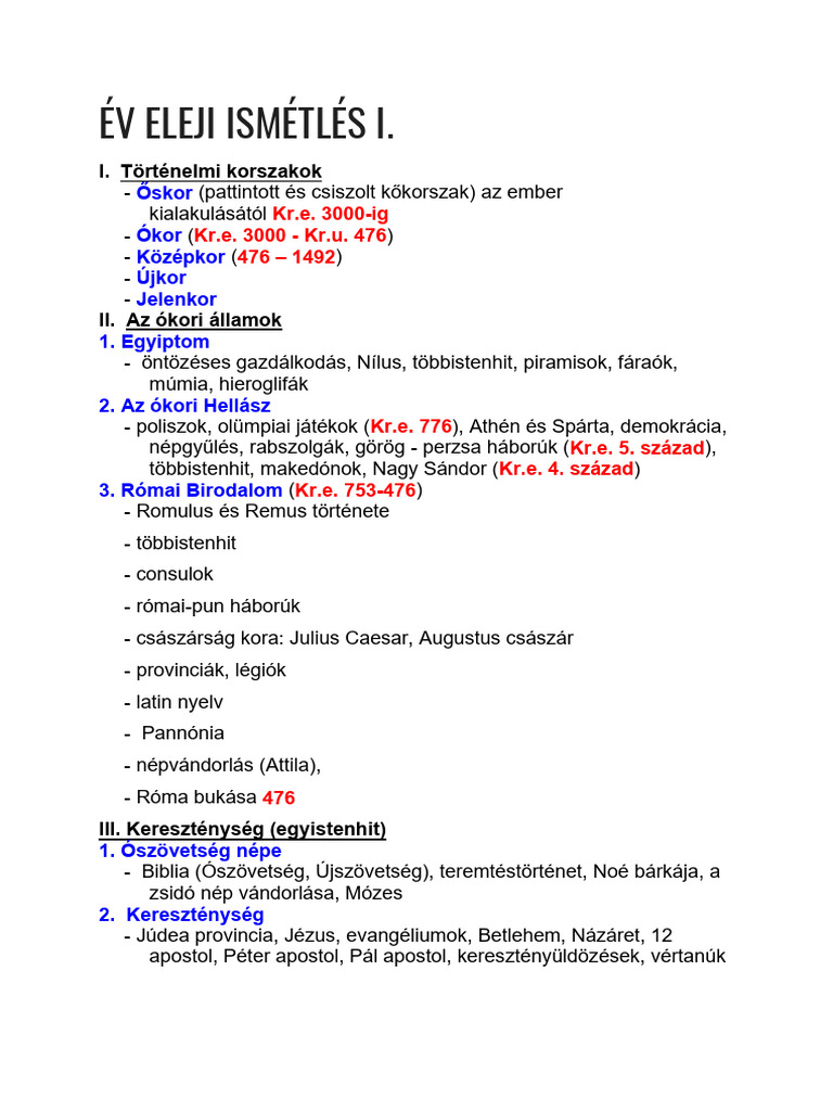 Év Eleji Ismétlés I Történelem 6. Osztály | PDF