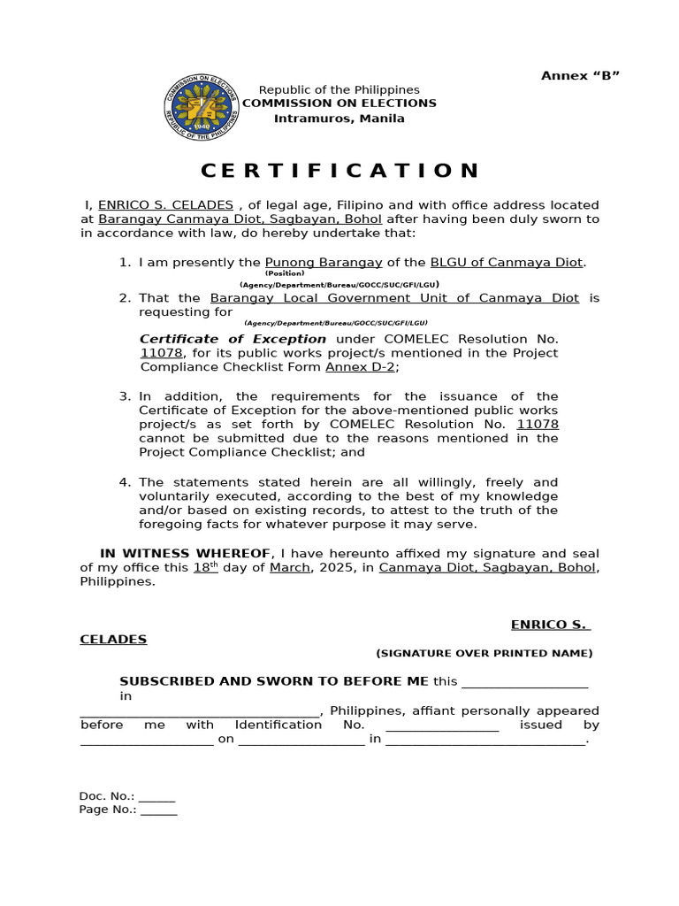 Annex B Certification | PDF