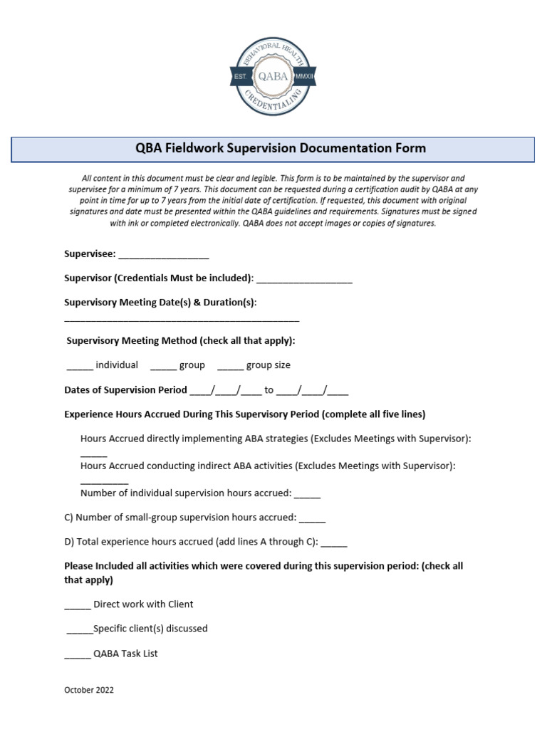 QBA Supervisor Fieldwork Documentation Verification Form | PDF