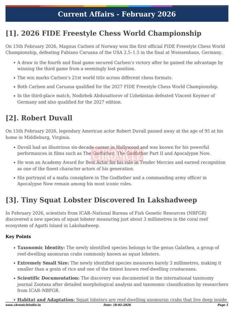 Current Affairs February 2026 | PDF | Ant | Corruption