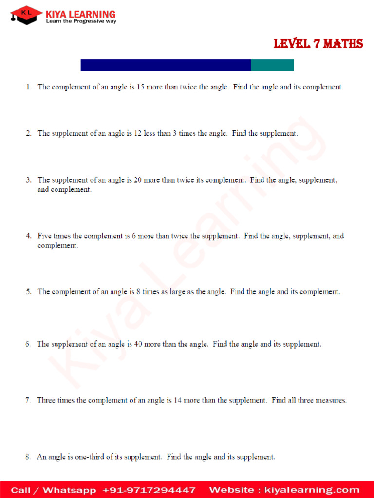 Level 7 Maths-Complementary & Supplementary Angles Worksheet | PDF