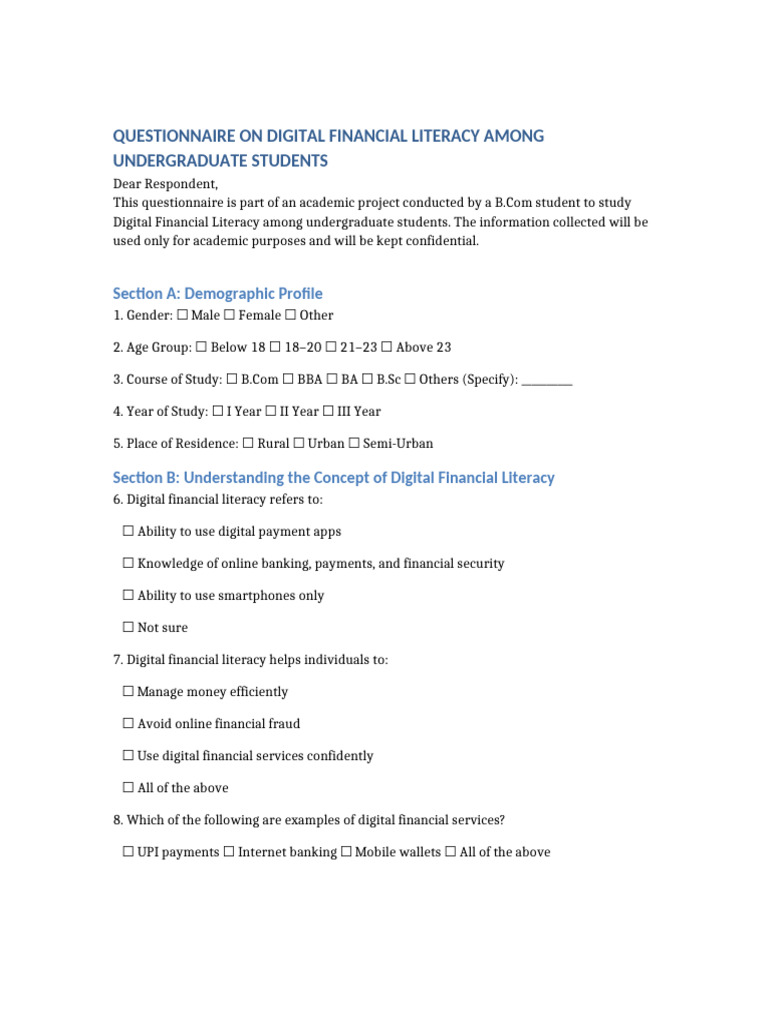 Digital Financial Literacy Questionnaire BCom | PDF | Financial ...