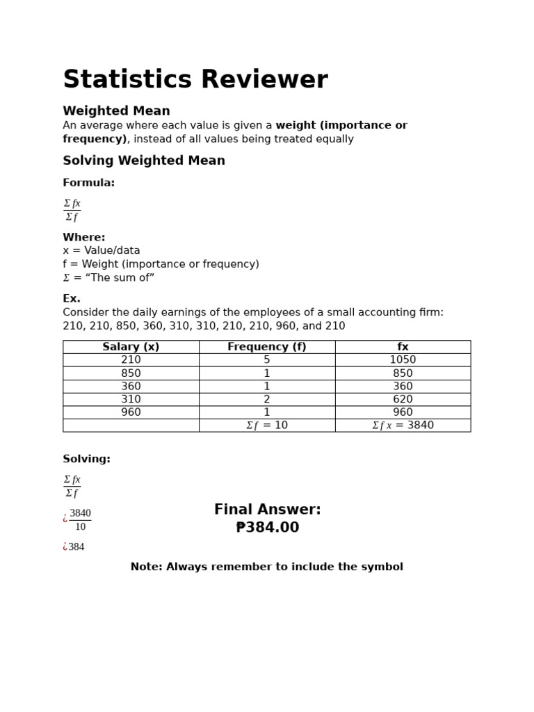 Statistics Reviewer Third Quarter | PDF | Weighted Arithmetic Mean | Mean