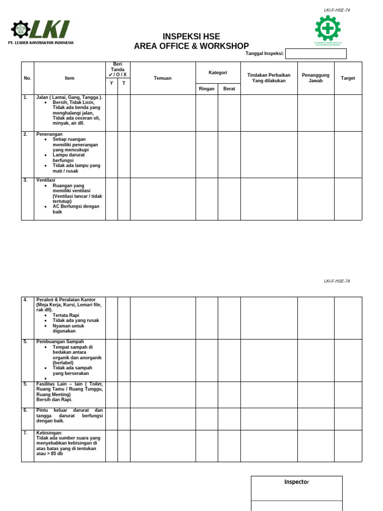 Lki-F-Hse-74 Form Inspeksi Hse Area Office - Workshop | PDF