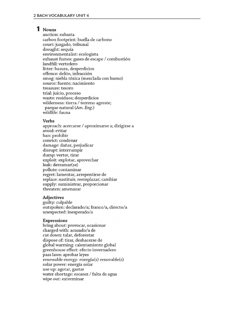 2 Bach Vocabulary Unit 4 | PDF