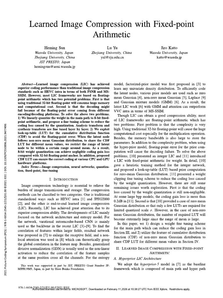 SUN - Learned Image Compression With Fixed-Point Arithmetic | PDF