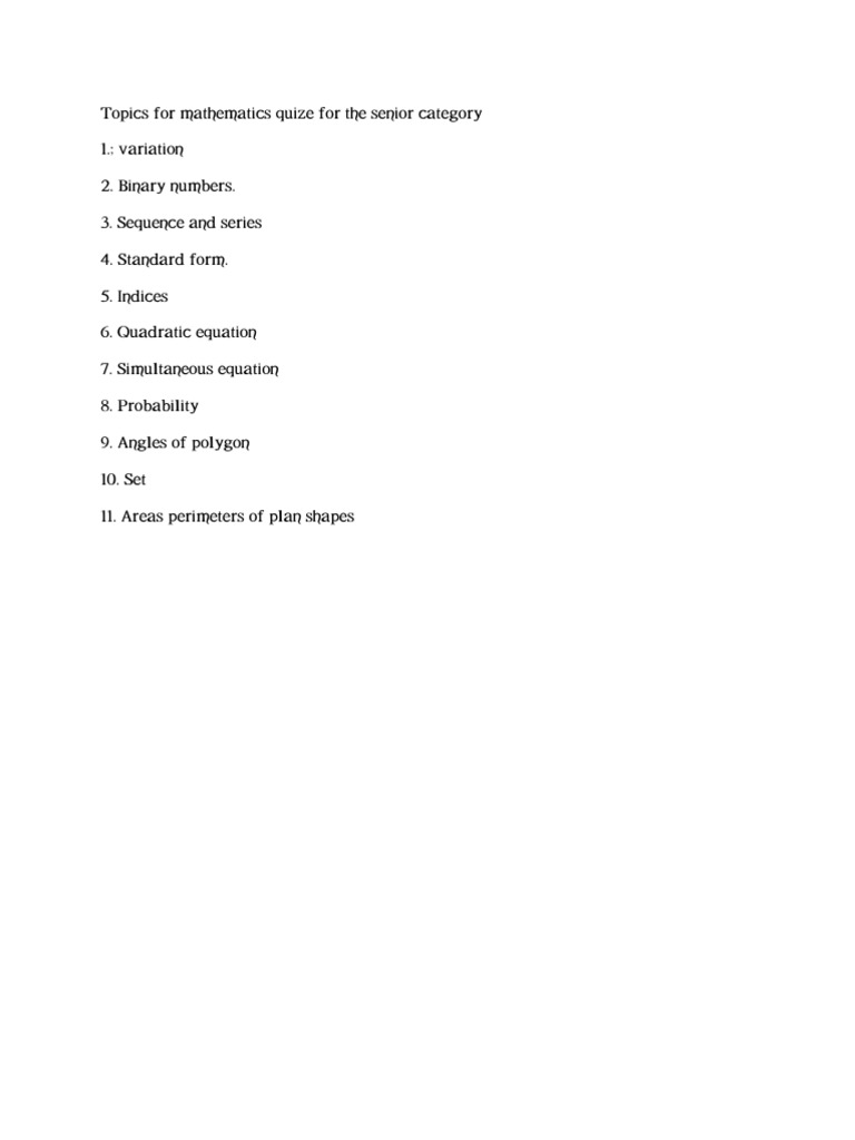 Mathematics Practice Topic For The Quiz | PDF