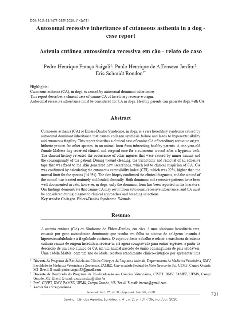 Autosomal Recessive Inheritance of Cutaneous Asthenia in A Dog - Case ...