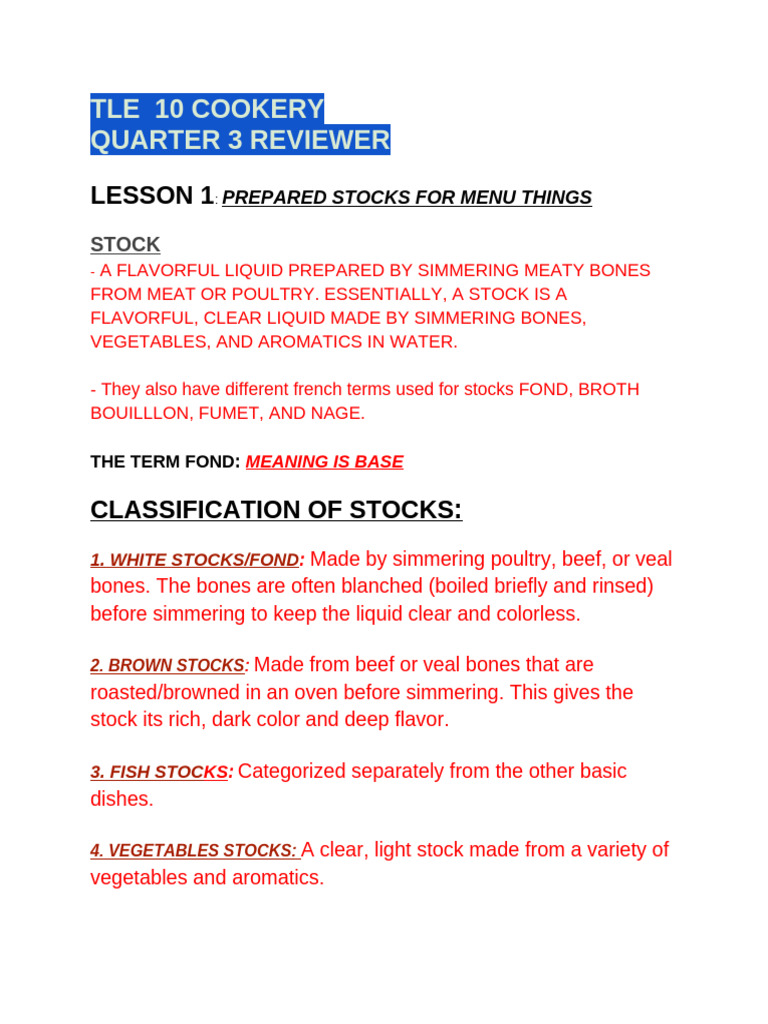 Tle 10 Cookery 3rd Quarter Reviewer | PDF | Stock (Food) | Soup