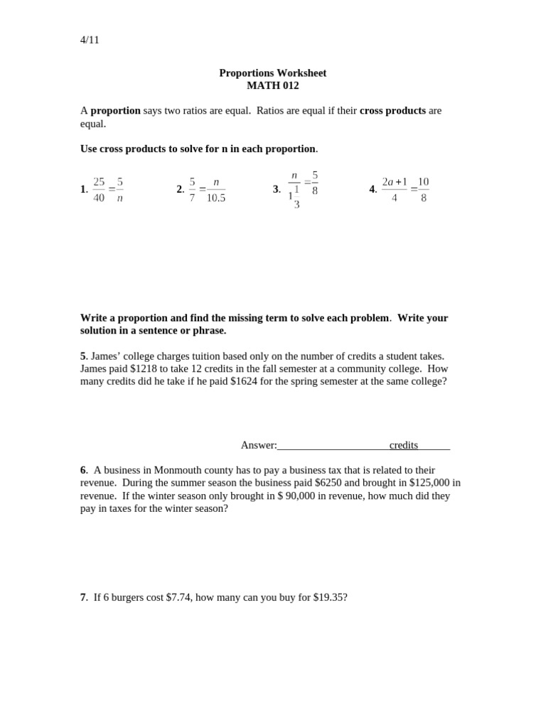 Proportions Worksheet Math 012 | PDF