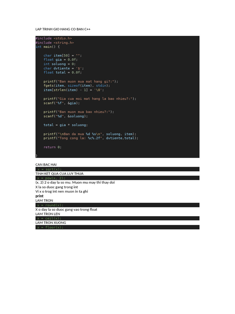 Lap Trinh Gio Hang Co Ban C++: Int Char Float Int Char Float | PDF