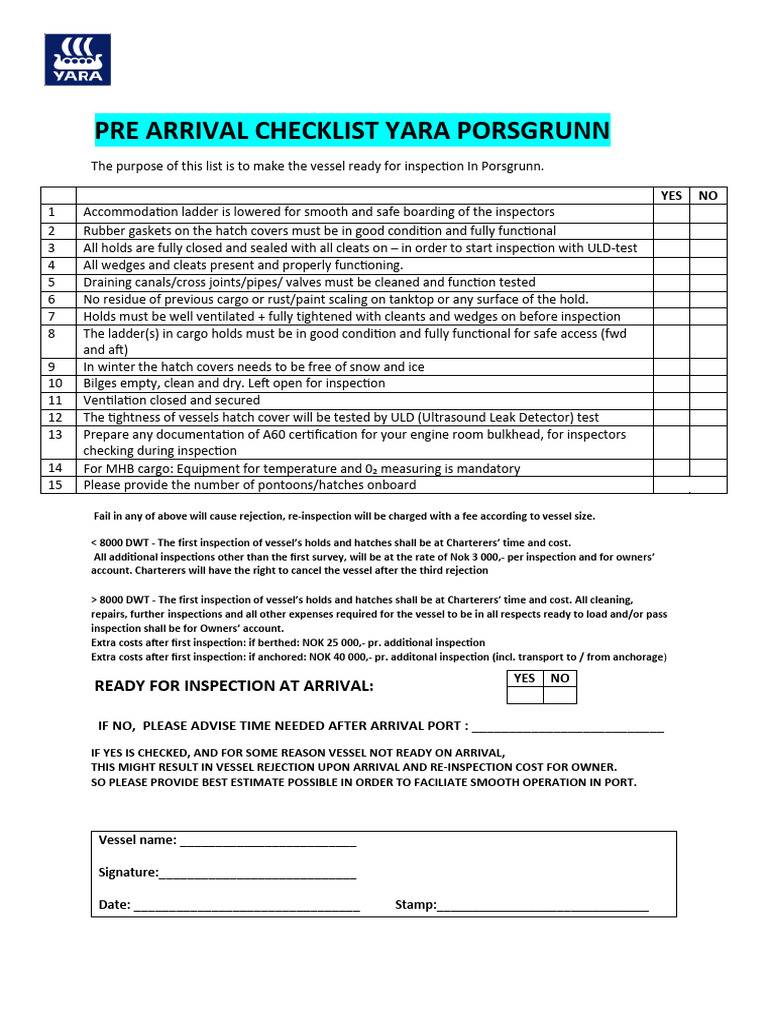 Pre Arrival Checklist Yara Porsgrunn - Ny 2025 | PDF