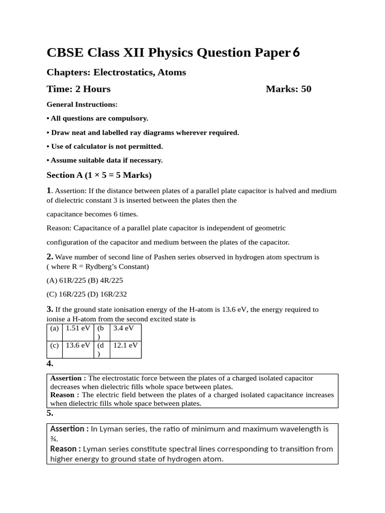 CBSE Class XII Physics Question Paper 6 Chapters | PDF | Capacitor ...