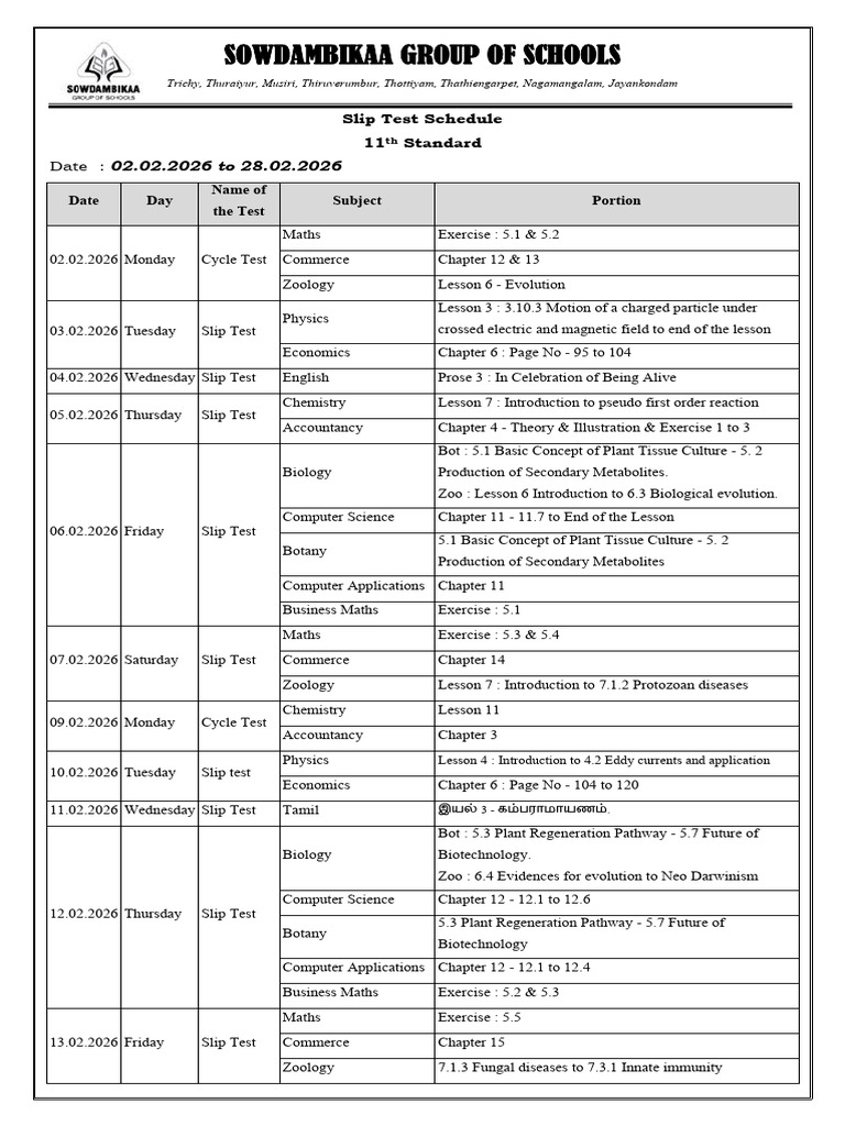 XI Feb 2026 Month Slip Test Schedule | PDF | Biology | Zoology